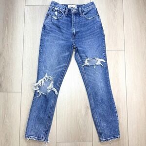 Abercrombie High Rise Mom Jeans Size 25 (24) Distressed Blue Denim Raw Hem Crop